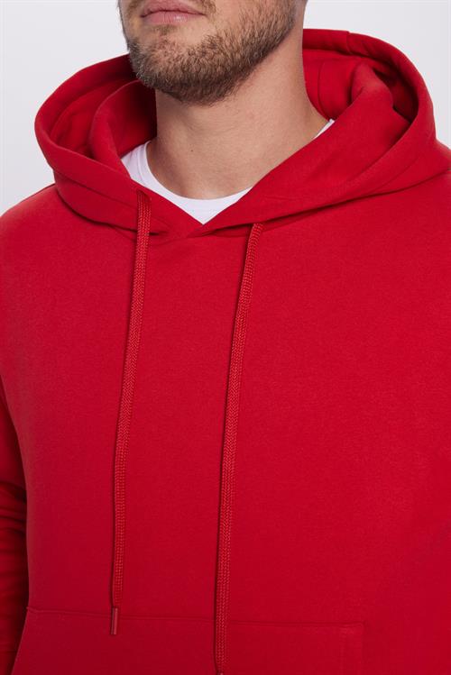 Unisex Oversize Geniş Kesim Pamuklu Yumuşak Dokulu İçi Polarlı Basic Kırmızı Kapüşonlu Sweatshirt