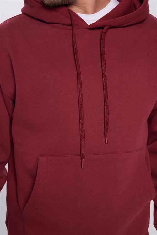 Unisex Oversize Geniş Kesim Pamuklu Yumuşak Dokulu İçi Polarlı Basic Bordo Kapüşonlu Sweatshirt