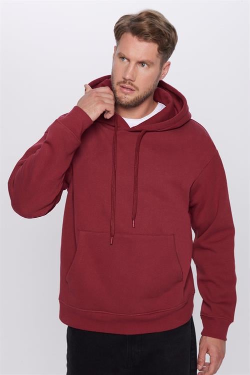 Unisex Oversize Geniş Kesim Pamuklu Yumuşak Dokulu İçi Polarlı Basic Bordo Kapüşonlu Sweatshirt