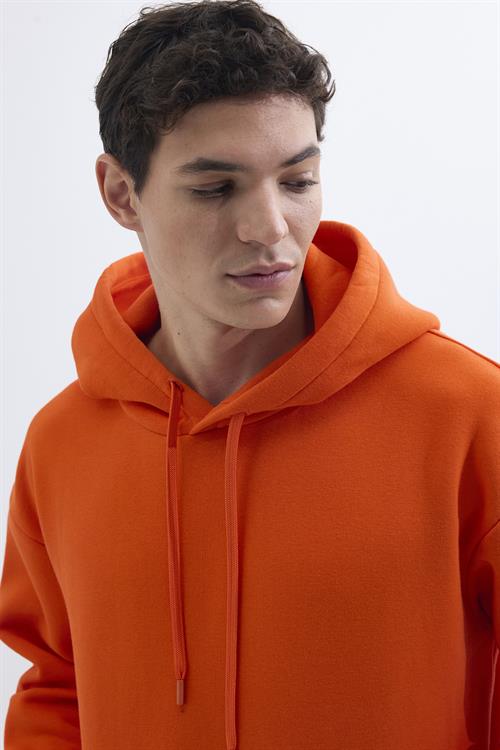 Unisex Oversize Geniş Kesim Pamuklu Yumuşak Dokulu İçi Polarlı Basic Turuncu Kapüşonlu Sweatshirt