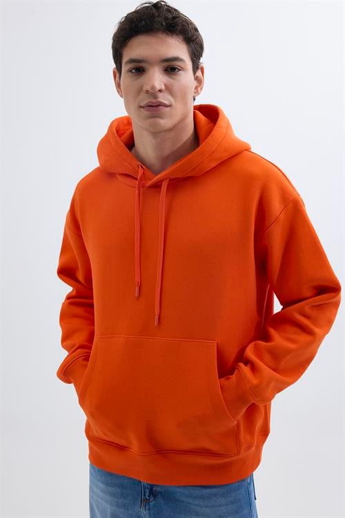 Unisex Oversize Geniş Kesim Pamuklu Yumuşak Dokulu İçi Polarlı Basic Turuncu Kapüşonlu Sweatshirt