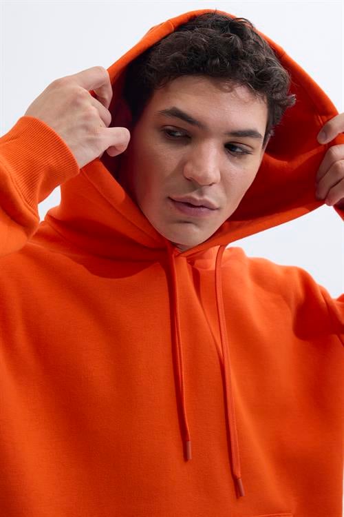 Unisex Oversize Geniş Kesim Pamuklu Yumuşak Dokulu İçi Polarlı Basic Turuncu Kapüşonlu Sweatshirt
