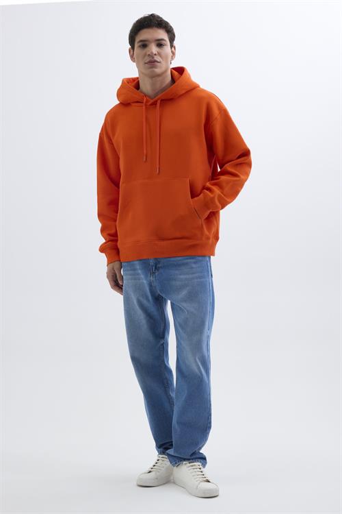 Unisex Oversize Geniş Kesim Pamuklu Yumuşak Dokulu İçi Polarlı Basic Turuncu Kapüşonlu Sweatshirt