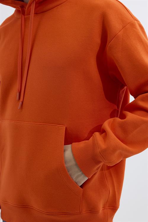 Unisex Oversize Geniş Kesim Pamuklu Yumuşak Dokulu İçi Polarlı Basic Turuncu Kapüşonlu Sweatshirt