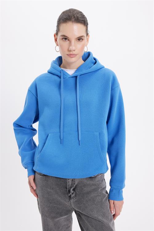 Unisex Oversize Geniş Kesim Pamuklu Yumuşak Dokulu İçi Polarlı Basic Mavi Kapüşonlu Sweatshirt