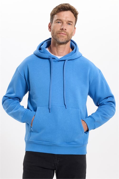 Unisex Oversize Geniş Kesim Pamuklu Yumuşak Dokulu İçi Polarlı Basic Mavi Kapüşonlu Sweatshirt