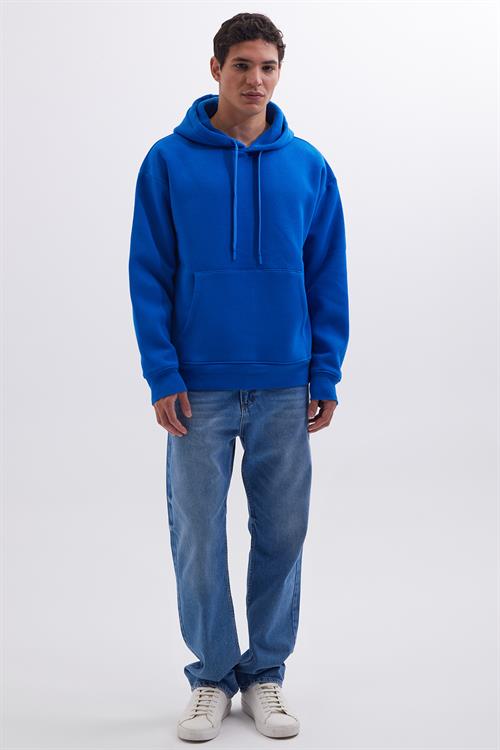 Unisex Oversize Geniş Kesim Pamuklu Yumuşak Dokulu İçi Polarlı Basic Sax Mavi Kapüşonlu Sweatshirt