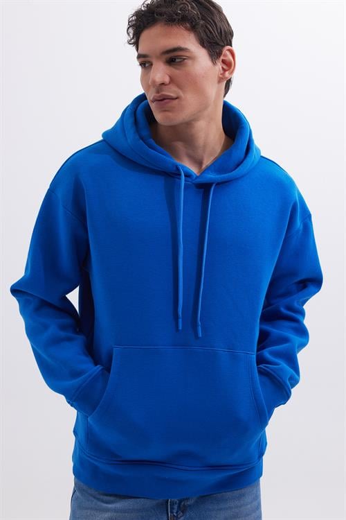 Unisex Oversize Geniş Kesim Pamuklu Yumuşak Dokulu İçi Polarlı Basic Sax Mavi Kapüşonlu Sweatshirt