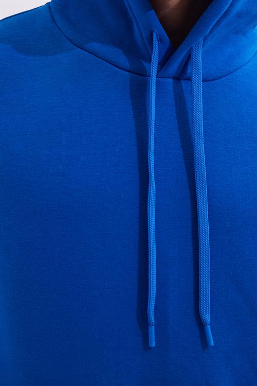 Unisex Oversize Geniş Kesim Pamuklu Yumuşak Dokulu İçi Polarlı Basic Sax Mavi Kapüşonlu Sweatshirt