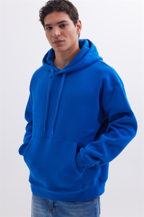Unisex Oversize Geniş Kesim Pamuklu Yumuşak Dokulu İçi Polarlı Basic Sax Mavi Kapüşonlu Sweatshirt