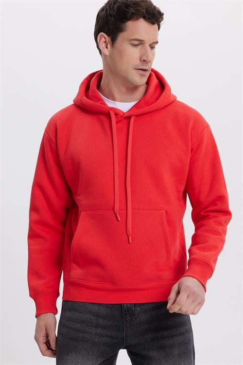 Unisex Oversize Geniş Kesim Pamuklu Yumuşak Dokulu İçi Polarlı Basic Nar Renk Kapüşonlu Sweatshirt