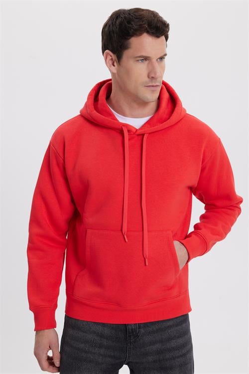 Unisex Oversize Geniş Kesim Pamuklu Yumuşak Dokulu İçi Polarlı Basic Nar Renk Kapüşonlu Sweatshirt