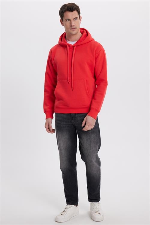 Unisex Oversize Geniş Kesim Pamuklu Yumuşak Dokulu İçi Polarlı Basic Nar Renk Kapüşonlu Sweatshirt