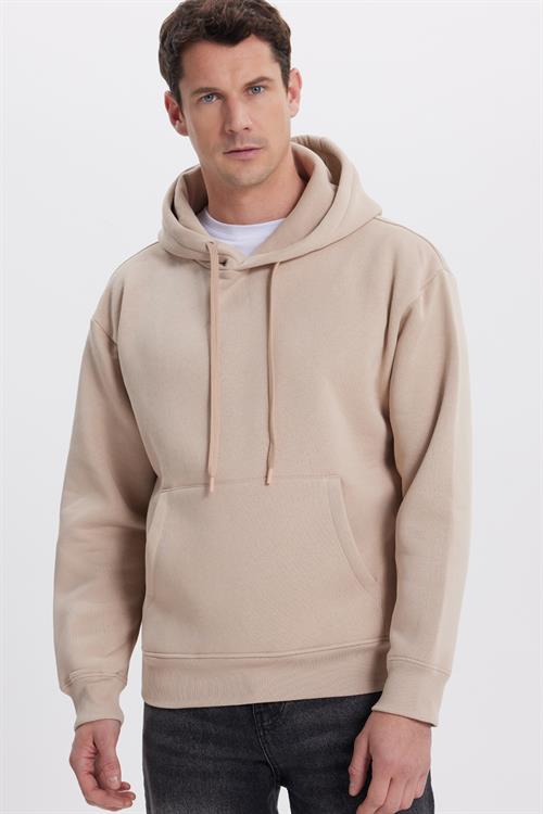 Unisex Oversize Geniş Kesim Pamuklu Yumuşak Dokulu İçi Polarlı Basic Bej Kapüşonlu Sweatshirt