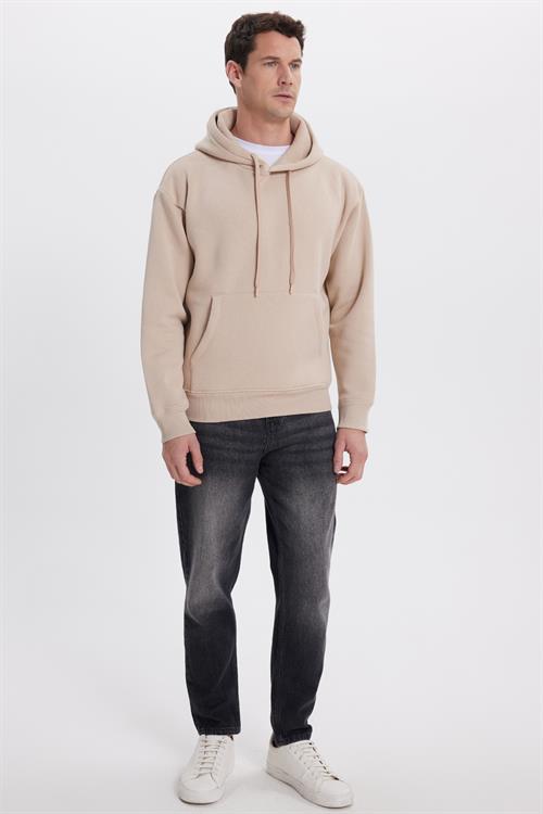 Unisex Oversize Geniş Kesim Pamuklu Yumuşak Dokulu İçi Polarlı Basic Bej Kapüşonlu Sweatshirt