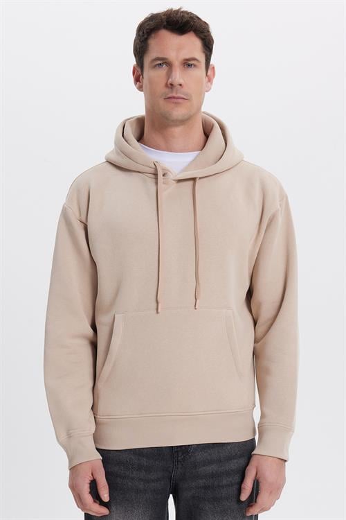 Unisex Oversize Geniş Kesim Pamuklu Yumuşak Dokulu İçi Polarlı Basic Bej Kapüşonlu Sweatshirt