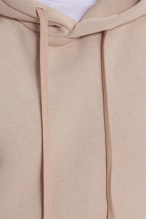 Unisex Oversize Geniş Kesim Pamuklu Yumuşak Dokulu İçi Polarlı Basic Bej Kapüşonlu Sweatshirt