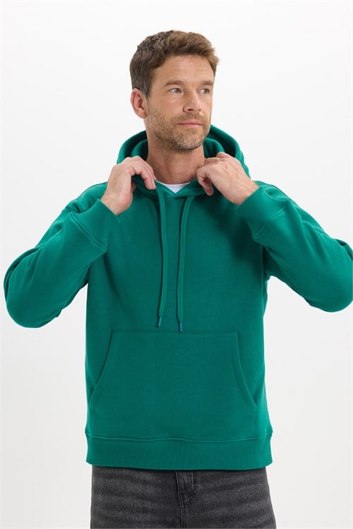Unisex Oversize Geniş Kesim Pamuklu Yumuşak Dokulu İçi Polarlı Basic Yeşil Kapüşonlu Sweatshirt