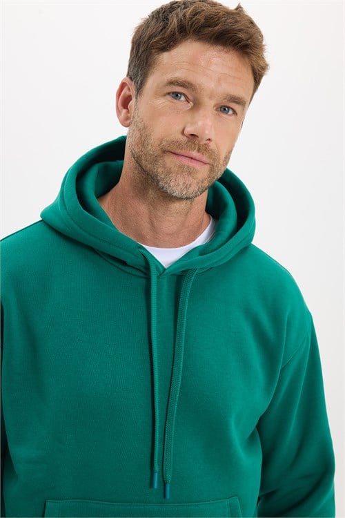 Unisex Oversize Geniş Kesim Pamuklu Yumuşak Dokulu İçi Polarlı Basic Yeşil Kapüşonlu Sweatshirt