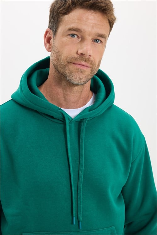 Unisex Oversize Geniş Kesim Pamuklu Yumuşak Dokulu İçi Polarlı Basic Yeşil Kapüşonlu Sweatshirt