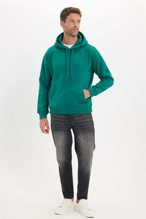 Unisex Oversize Geniş Kesim Pamuklu Yumuşak Dokulu İçi Polarlı Basic Yeşil Kapüşonlu Sweatshirt