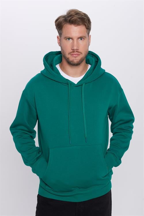 Unisex Oversize Geniş Kesim Pamuklu Yumuşak Dokulu İçi Polarlı Basic Yeşil Kapüşonlu Sweatshirt
