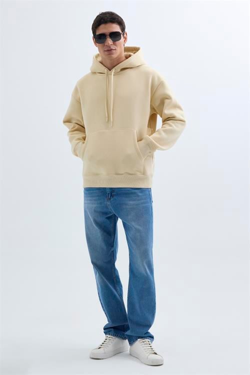 Unisex Oversize Geniş Kesim Pamuklu Yumuşak Dokulu İçi Polarlı Basic Bej Kapüşonlu Sweatshirt