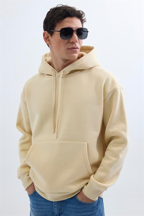 Unisex Oversize Geniş Kesim Pamuklu Yumuşak Dokulu İçi Polarlı Basic Bej Kapüşonlu Sweatshirt
