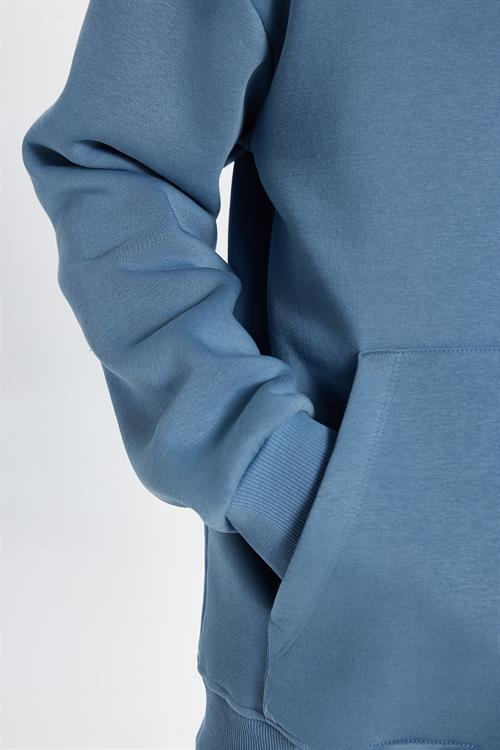 Unisex Oversize Geniş Kesim Pamuklu Yumuşak Dokulu İçi Polarlı Basic İndigo Kapüşonlu Sweatshirt