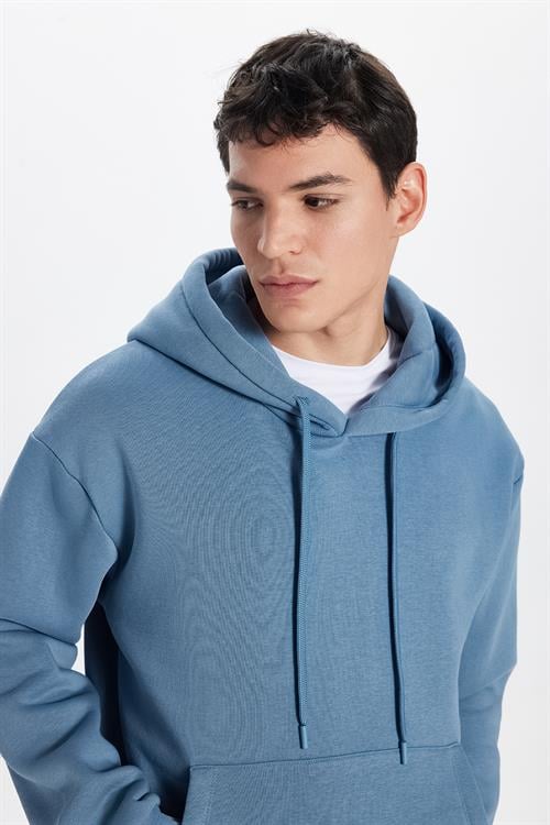 Unisex Oversize Geniş Kesim Pamuklu Yumuşak Dokulu İçi Polarlı Basic İndigo Kapüşonlu Sweatshirt