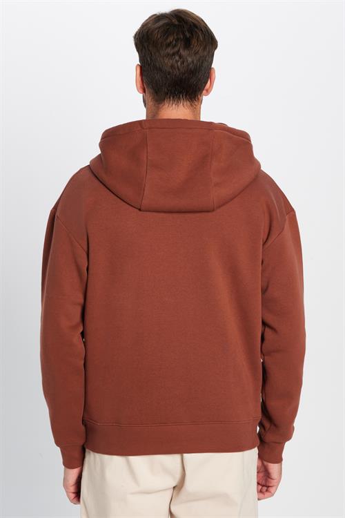 Unisex Oversize Geniş Kesim Pamuklu Yumuşak Dokulu İçi Polarlı Basic Kahverengi Kapüşonlu Sweatshirt