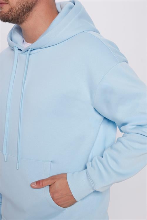 Unisex Oversize Geniş Kesim Pamuklu Yumuşak Dokulu İçi Polarlı Basic Mavi Kapüşonlu Sweatshirt