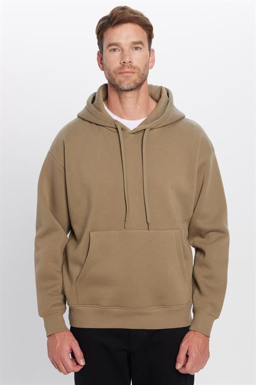 Unisex Oversize Geniş Kesim Pamuklu Yumuşak Dokulu İçi Polarlı Basic Haki Kapüşonlu Sweatshirt