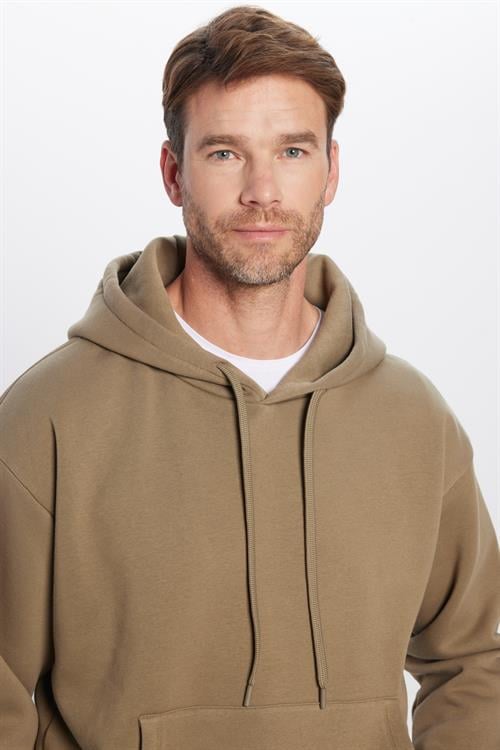 Unisex Oversize Geniş Kesim Pamuklu Yumuşak Dokulu İçi Polarlı Basic Haki Kapüşonlu Sweatshirt