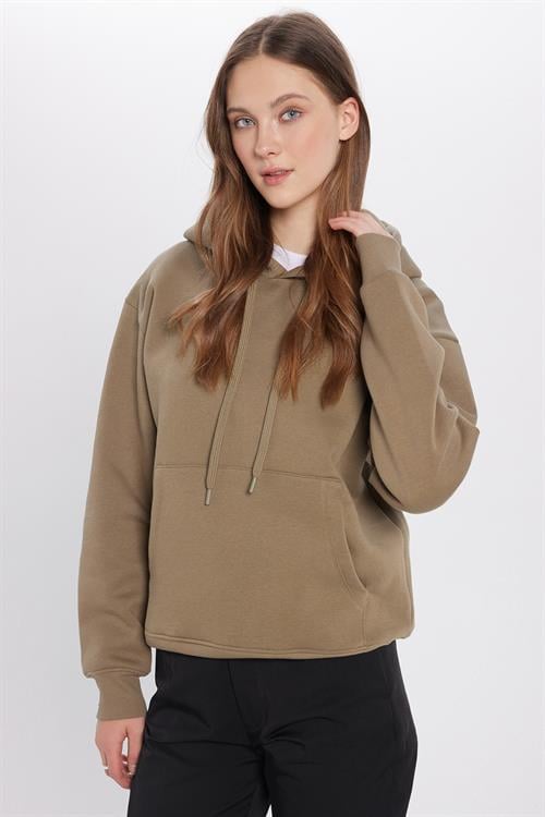 Unisex Oversize Geniş Kesim Pamuklu Yumuşak Dokulu İçi Polarlı Basic Haki Kapüşonlu Sweatshirt
