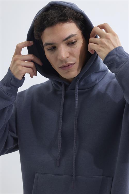 Unisex Oversize Geniş Kesim Pamuklu Yumuşak Dokulu İçi Polarlı Basic Gri Kapüşonlu Sweatshirt