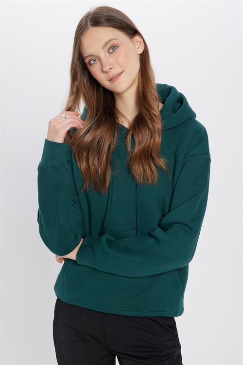 Unisex Oversize Geniş Kesim Pamuklu Yumuşak Dokulu İçi Polarlı Basic Yeşil Kapüşonlu Sweatshirt