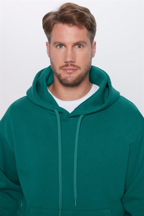 Unisex Oversize Geniş Kesim Pamuklu Yumuşak Dokulu İçi Polarlı Basic Yeşil Kapüşonlu Sweatshirt