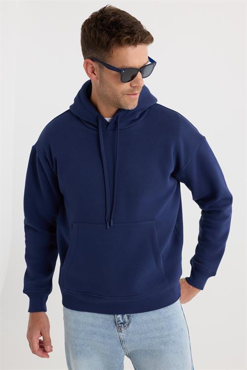 Unisex Oversize Geniş Kesim Pamuklu Yumuşak Dokulu İçi Polarlı Basic Lacivert Kapüşonlu Sweatshirt