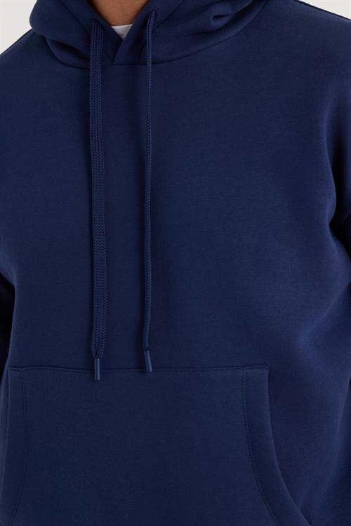 Unisex Oversize Geniş Kesim Pamuklu Yumuşak Dokulu İçi Polarlı Basic Lacivert Kapüşonlu Sweatshirt