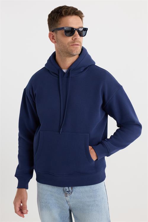 Unisex Oversize Geniş Kesim Pamuklu Yumuşak Dokulu İçi Polarlı Basic Lacivert Kapüşonlu Sweatshirt