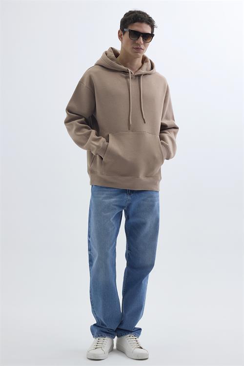 Unisex Oversize Geniş Kesim Pamuklu Yumuşak Dokulu İçi Polarlı Basic Vizon Renk Kapüşonlu Sweatshirt