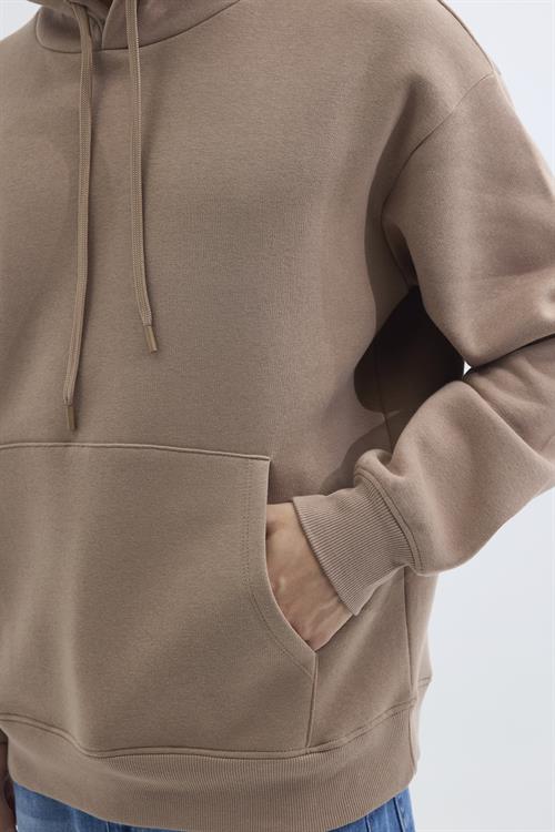 Unisex Oversize Geniş Kesim Pamuklu Yumuşak Dokulu İçi Polarlı Basic Vizon Renk Kapüşonlu Sweatshirt