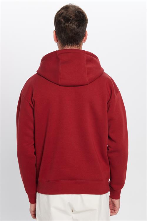 Unisex Oversize Geniş Kesim Pamuklu Yumuşak Dokulu İçi Polarlı Basic Bordo Kapüşonlu Sweatshirt