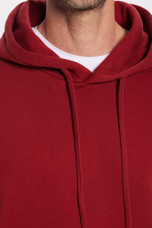 Unisex Oversize Geniş Kesim Pamuklu Yumuşak Dokulu İçi Polarlı Basic Bordo Kapüşonlu Sweatshirt