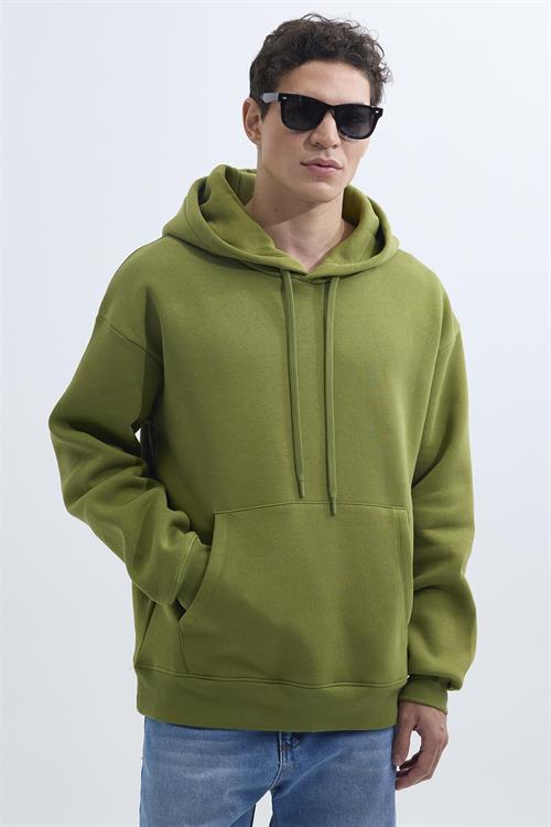 Unisex Oversize Geniş Kesim Pamuklu Yumuşak Dokulu İçi Polarlı Basic Yeşil Renk Kapüşonlu Sweatshirt