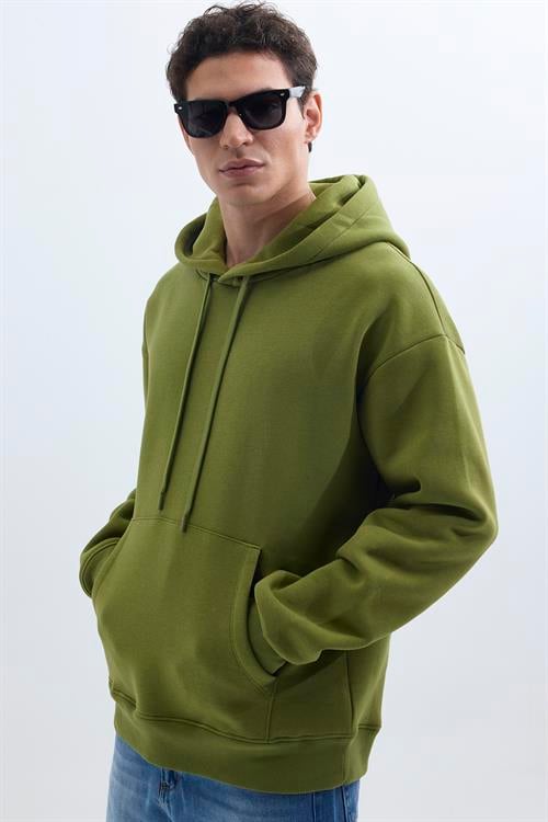 Unisex Oversize Geniş Kesim Pamuklu Yumuşak Dokulu İçi Polarlı Basic Yeşil Renk Kapüşonlu Sweatshirt