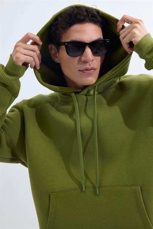Unisex Oversize Geniş Kesim Pamuklu Yumuşak Dokulu İçi Polarlı Basic Yeşil Renk Kapüşonlu Sweatshirt