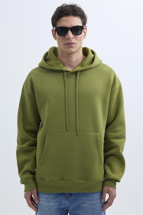 Unisex Oversize Geniş Kesim Pamuklu Yumuşak Dokulu İçi Polarlı Basic Yeşil Renk Kapüşonlu Sweatshirt