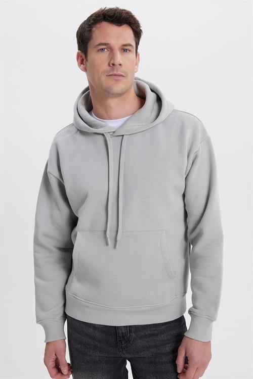 Unisex Oversize Geniş Kesim Pamuklu Yumuşak Dokulu İçi Polarlı Basic Taş Renk Kapüşonlu Sweatshirt